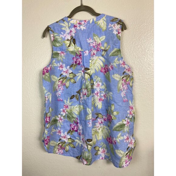 Tommy Bahama Floral Sleeveless Button Up Tank Top Sz Large Blue Pink Linen Blend - Picture 13 of 13